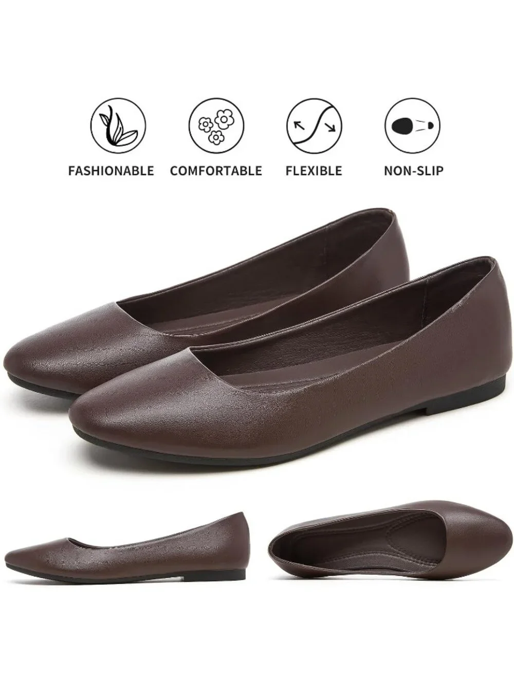 Women's Coffee PU Leather Closed Toe Comfortable Flexible Slip On Ballet Flats
